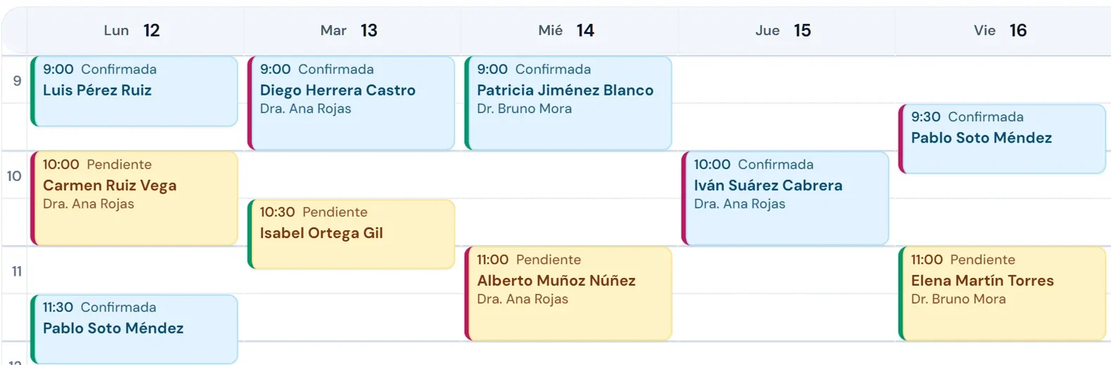 Semana de la clínica con las citas de cada terapeuta.